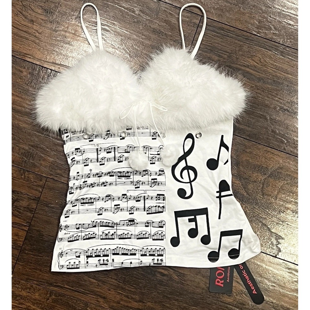 NWT Romwe Women's Cami With Removable Faux Fur, Music, Y2K, Size XS